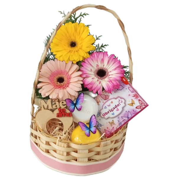 Cesta Gerberas Kit Sabonete e Cartão dia Mães